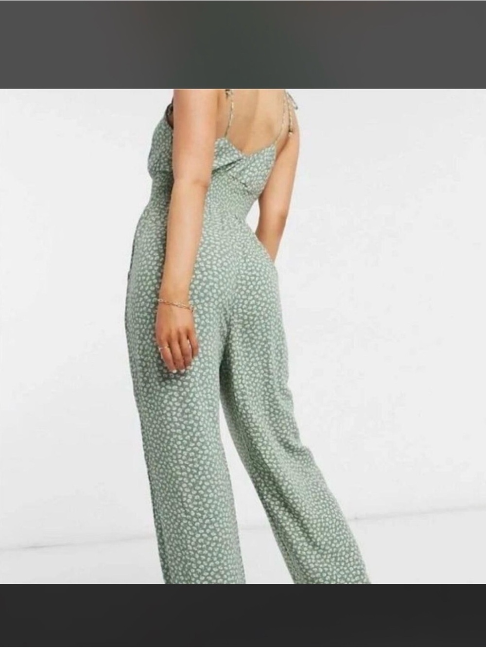 American Eagle Sage Green floral Printed Spaghetti-Strap Wide-Leg Jumpsuit